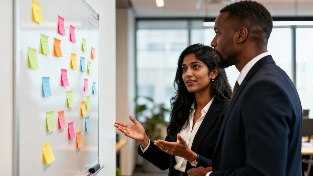 diverse group of professionals collaborating around whiteboard with sticky notes