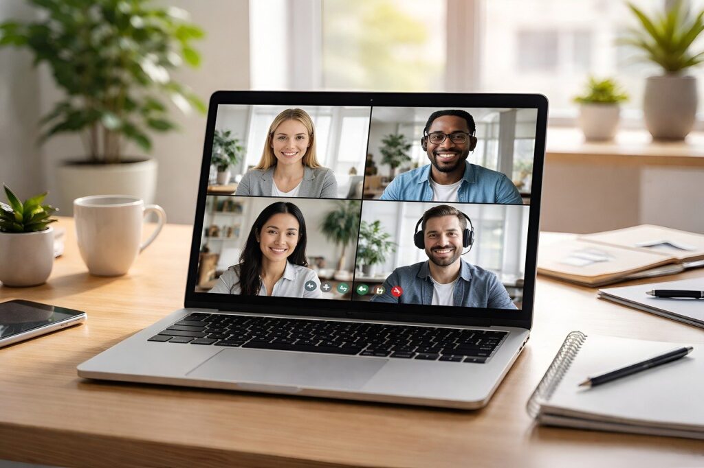 diverse team of remote workers on video call smiling and collaborating